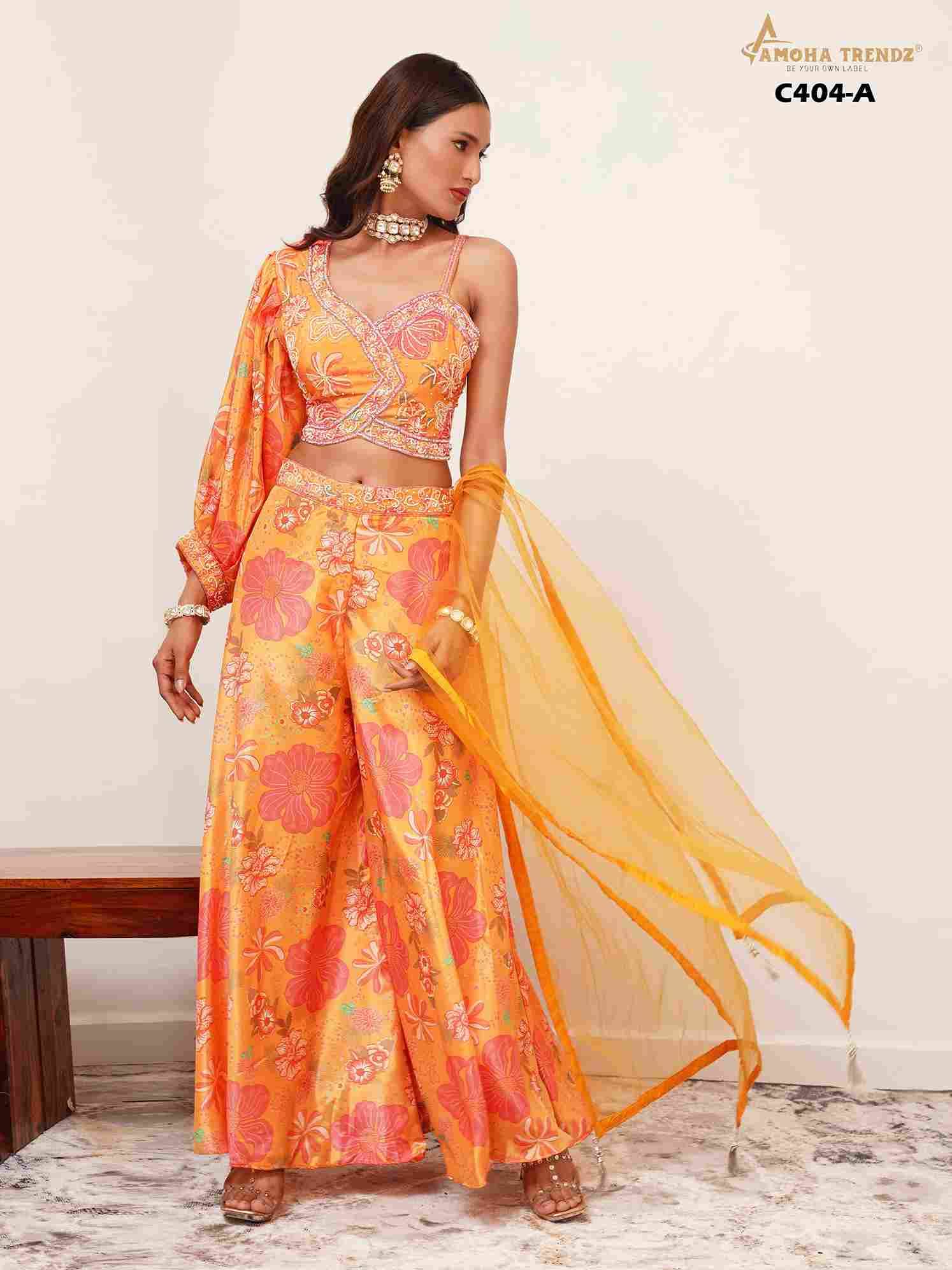 C-404-A By Amoha Trendz Designer Stylish Fancy Colorful Beautiful Party Wear & Ethnic Wear Collection Chinnon Tops With Bottom At Wholesale Price