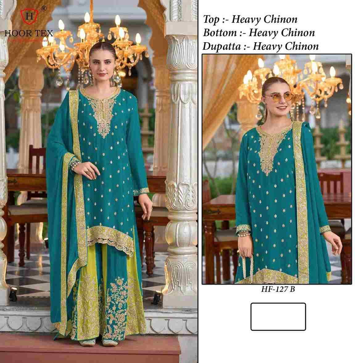 Hoor Tex Hit Design HF-127 Colours By Hoor Tex HF-127-A To HF-127-D Series Designer Festive Pakistani Suits Collection Beautiful Stylish Fancy Colorful Party Wear & Occasional Wear Heavy Chinnon Embroidered Dresses At Wholesale Price