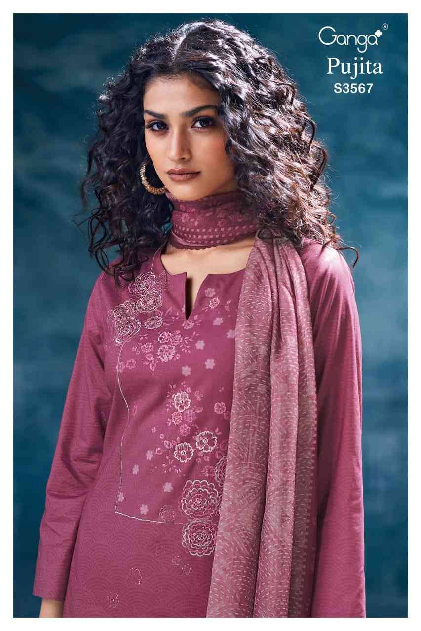 Pujita-3567 By Ganga Fashion 3567-A To 3567-D Series Beautiful Festive Suits Colorful Stylish Fancy Casual Wear & Ethnic Wear Pure Cotton Dresses At Wholesale Price