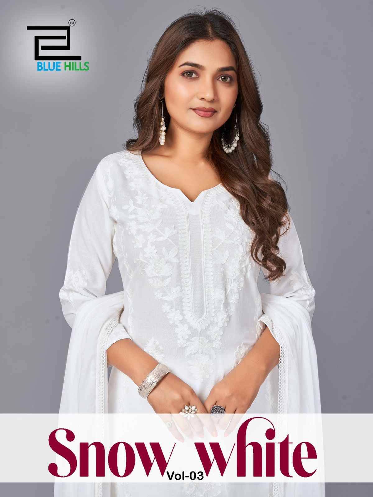 Snow White Vol-3 By Blue Hills 3001 To 3004 Series Beautiful Festive Suits Colorful Stylish Fancy Casual Wear & Ethnic Wear Rayon With Work Dresses At Wholesale Price