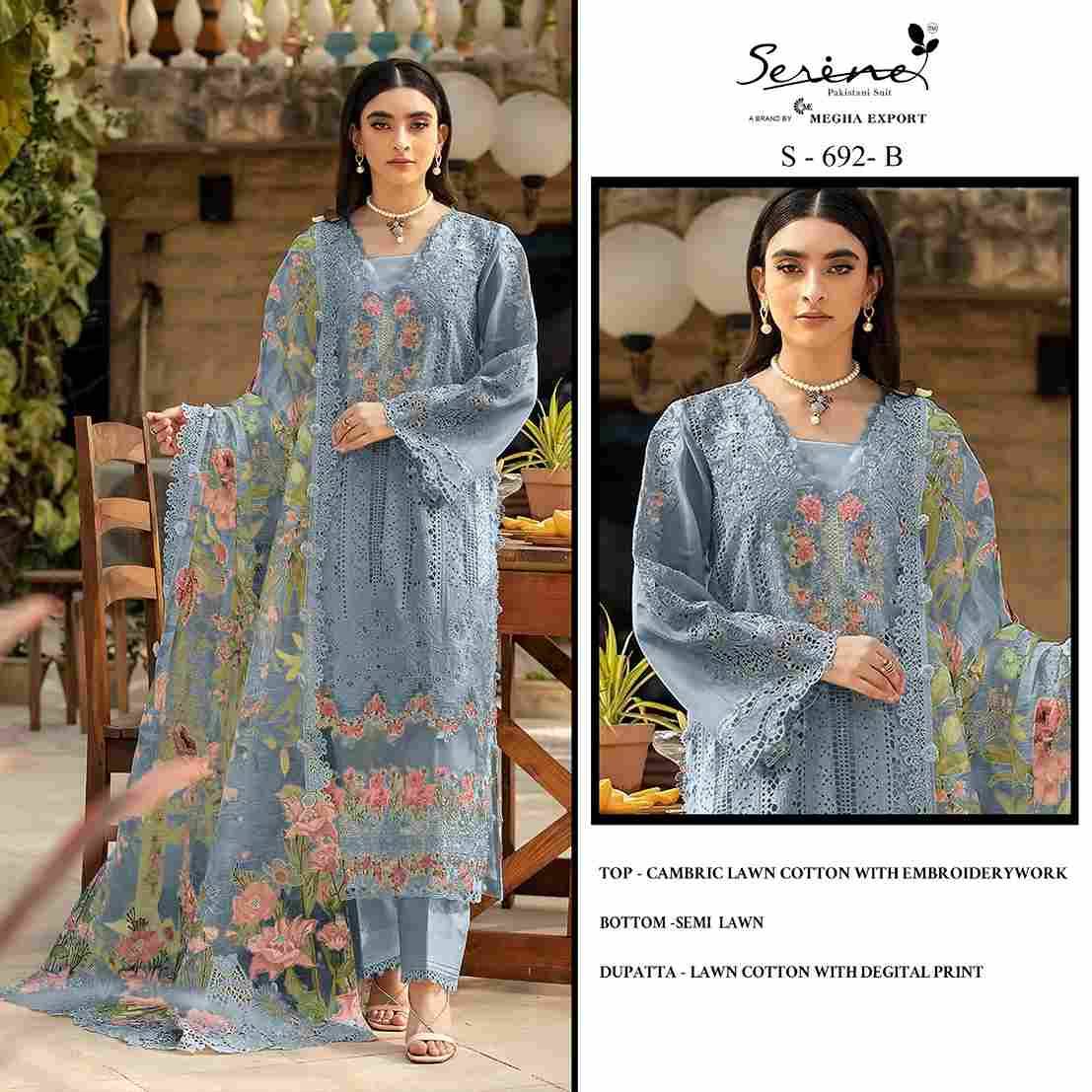 Serene Hit Design S-692 Colours By Serene S-692-A To S-692-D Series Designer Pakistani Suits Beautiful Fancy Colorful Stylish Party Wear & Occasional Wear Cambric Lawn Cotton Embroidered Dresses At Wholesale Price