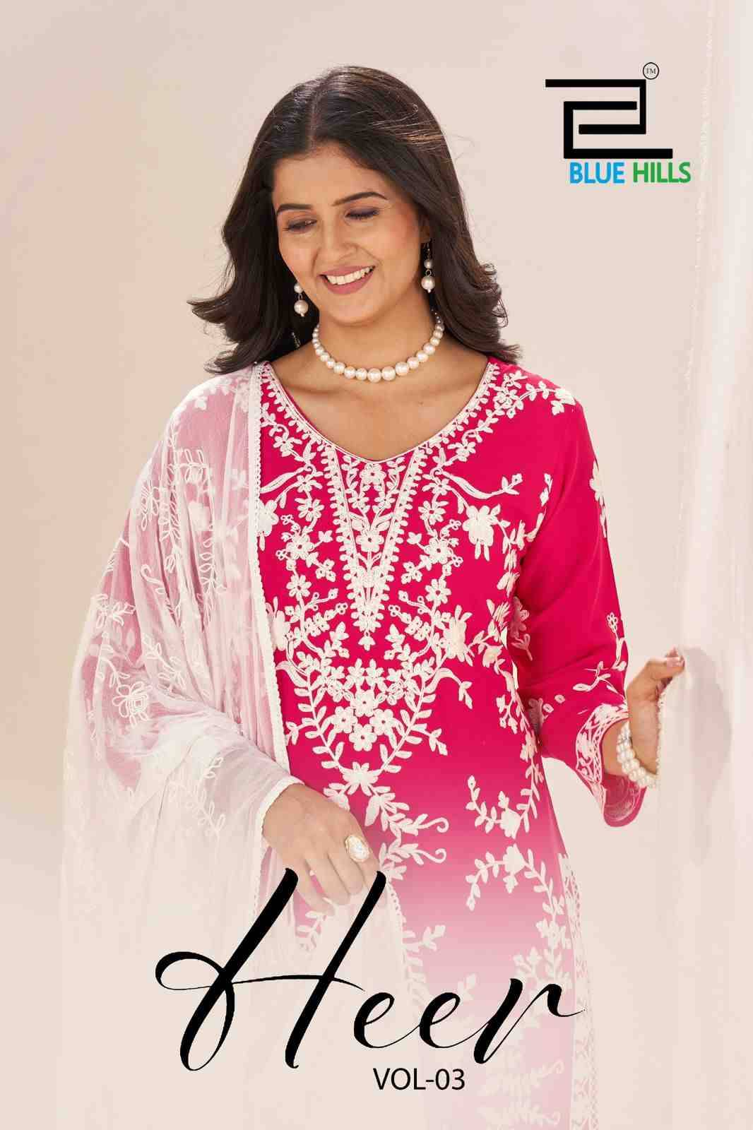 Heer Vol-3 By Blue Hills 3001 To 3004 Series Designer Festive Suits Beautiful Fancy Colorful Stylish Party Wear & Occasional Wear Rayon Dresses At Wholesale Price