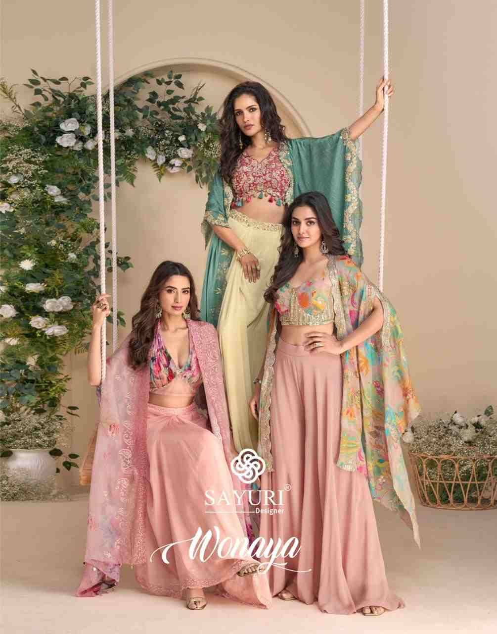 Wonaya By Sayuri 10050 To 10053 Series Designer Beautiful Festive Collection Occasional Wear & Party Wear Chinnon Silk Crop Top With Bottom At Wholesale Price