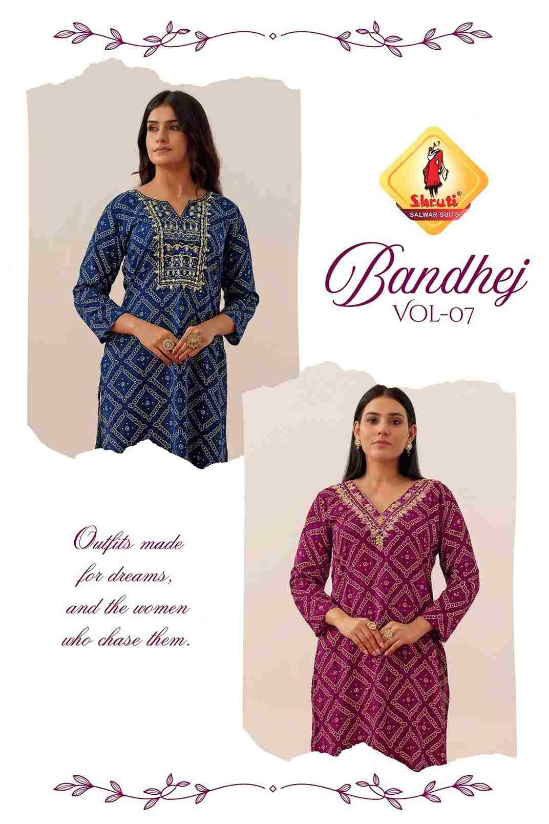 Bandhej Vol-7 By Shruti 01 To 04 Series Designer Stylish Fancy Colorful Beautiful Party Wear & Ethnic Wear Collection Rayon Foil Print Kurtis At Wholesale Price
