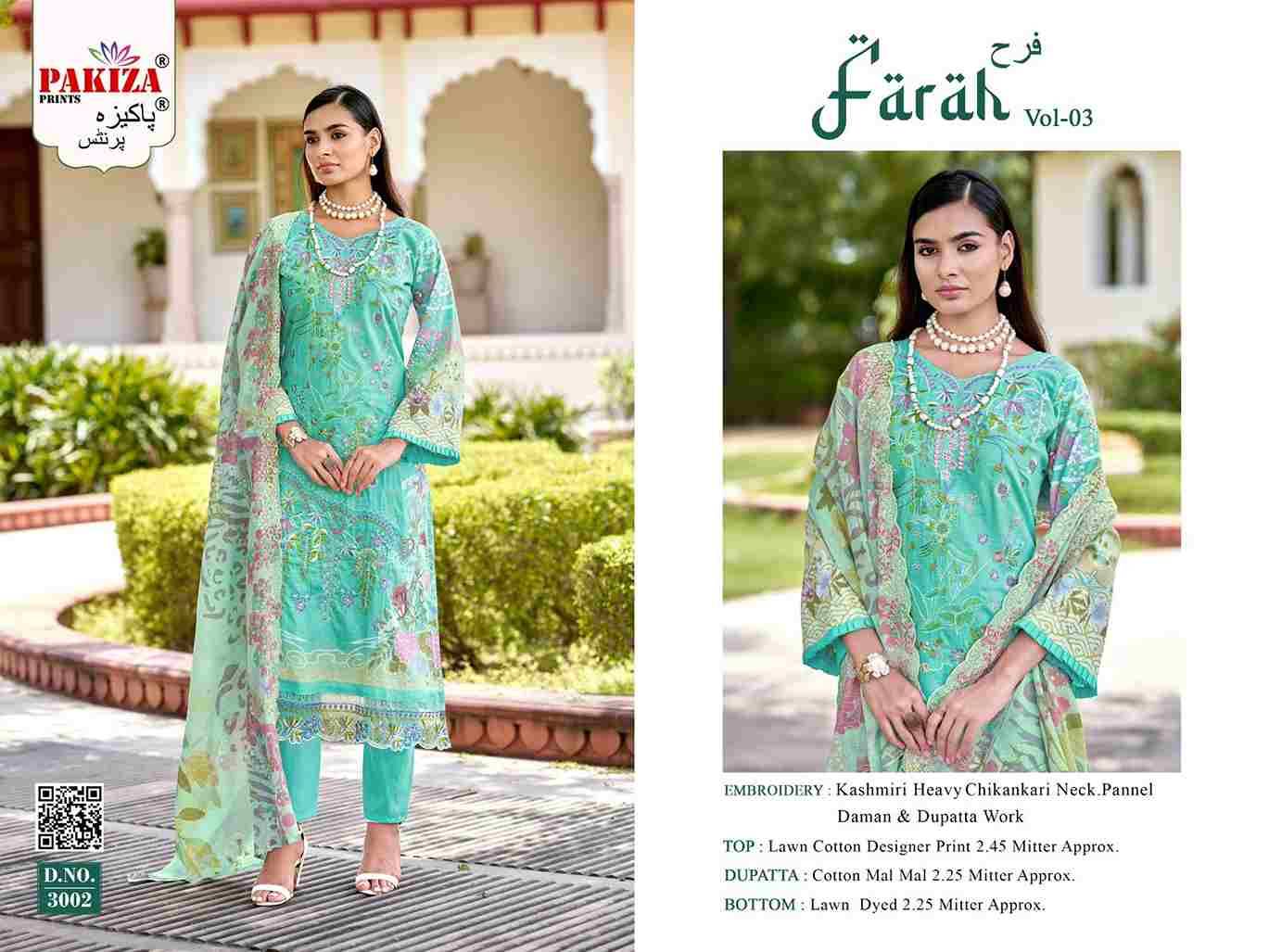 Farah Vol-3 By Pakiza Prints 3001 To 3008 Series Beautiful Festive Suits Stylish Fancy Colorful Party Wear & Occasional Wear Lawn Cotton Dresses At Wholesale Price