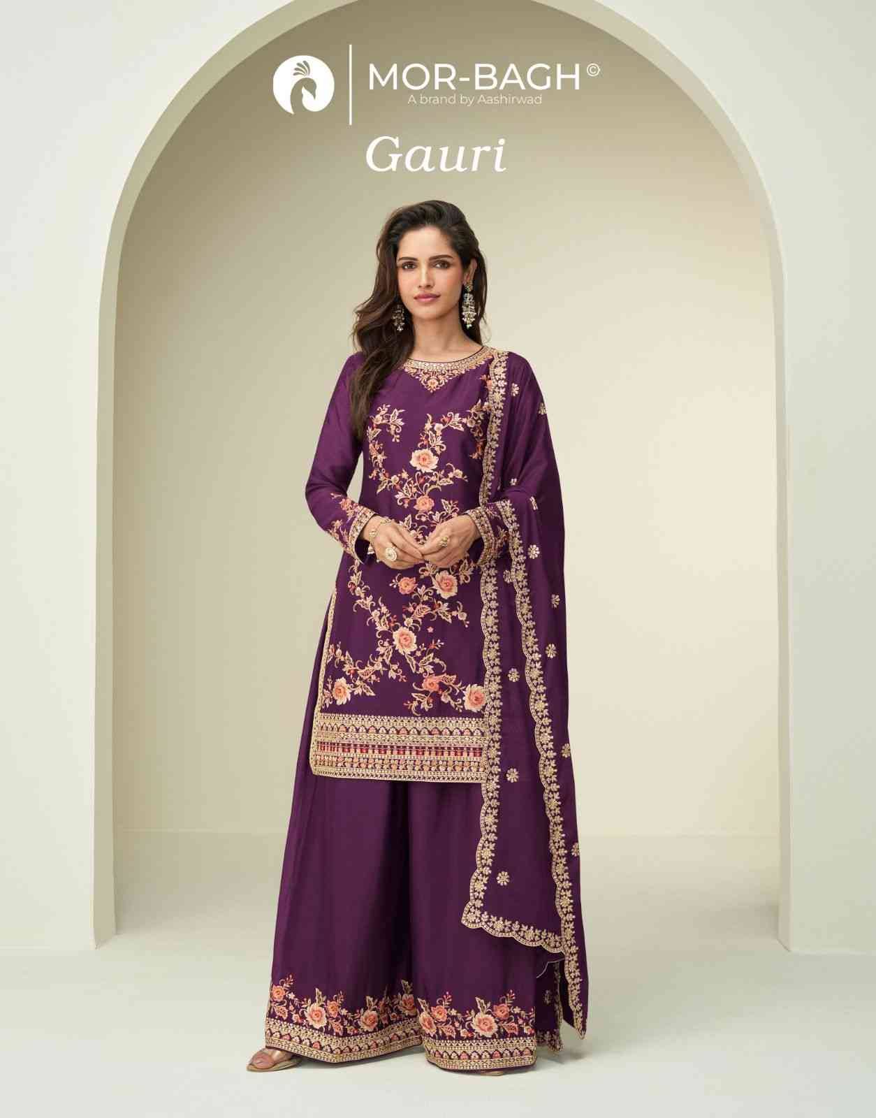 Gauri By Mor-Bagh 10380 To 10383 Series Beautiful Sharara Suits Colorful Stylish Fancy Casual Wear & Ethnic Wear Chinnon Silk Dresses At Wholesale Price