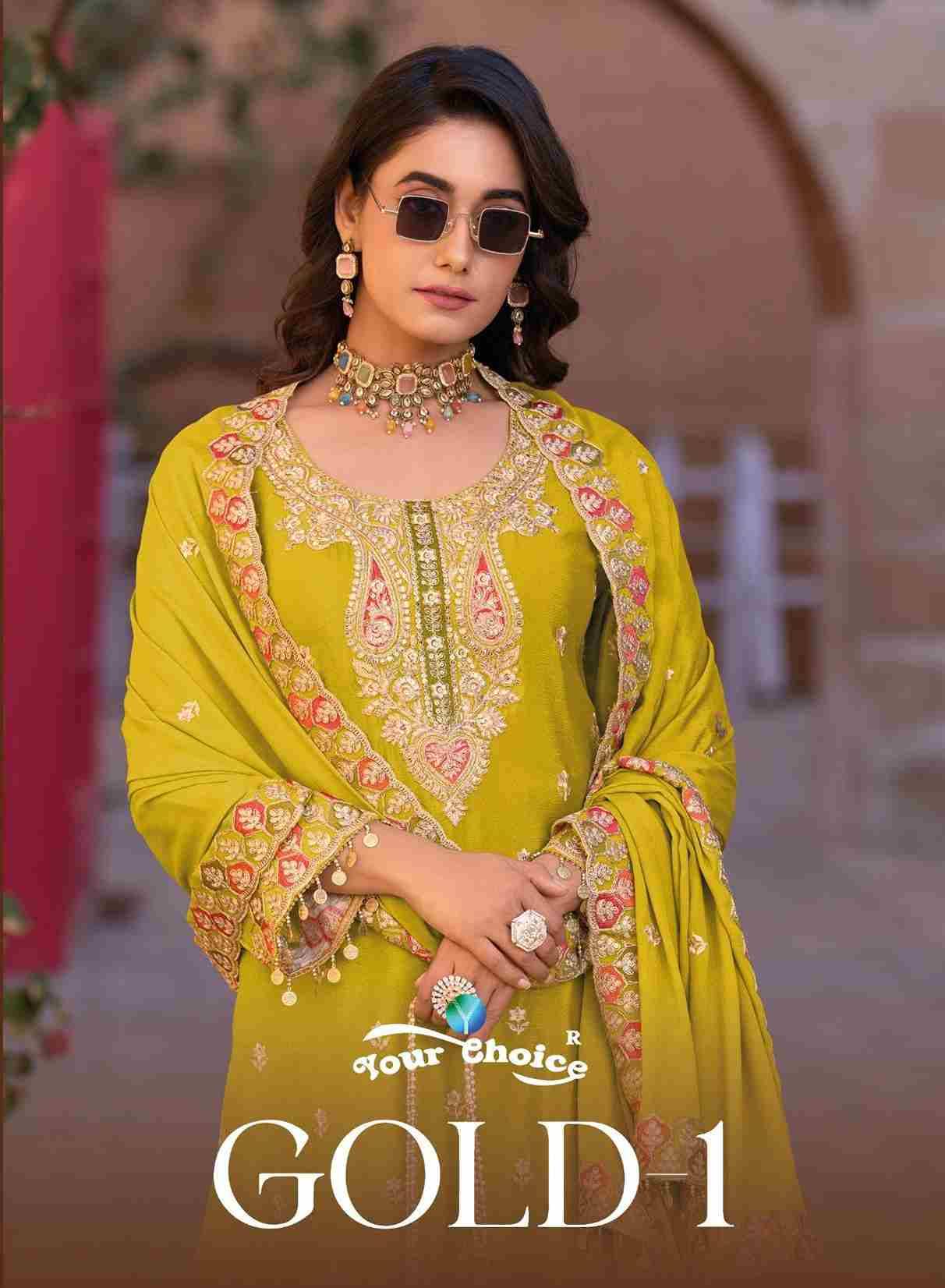 Gold Vol-1 By Your Choice 1001 To 1003 Series Designer Sharara Suits Beautiful Fancy Colorful Stylish Party Wear & Occasional Wear Heavy Chinnon Dresses At Wholesale Price