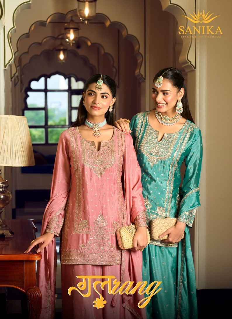 Gulrang By Sanika 4001 To 4003 Series Beautiful Sharara Suits Stylish Fancy Colorful Party Wear & Occasional Wear Premium Chinnon Silk Dresses At Wholesale Price