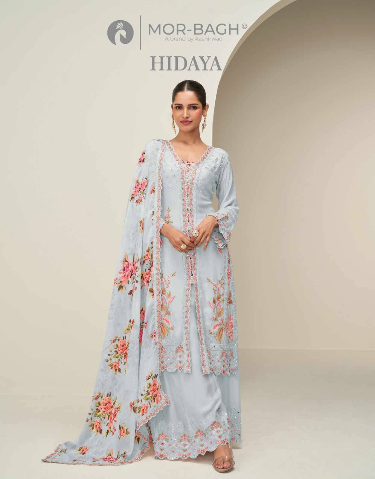 Hidaya By Mor-Bagh 10407 To 10410 Series Beautiful Stylish Sharara Suits Fancy Colorful Casual Wear & Ethnic Wear & Ready To Wear Premium Chinnon Silk Dresses At Wholesale Price