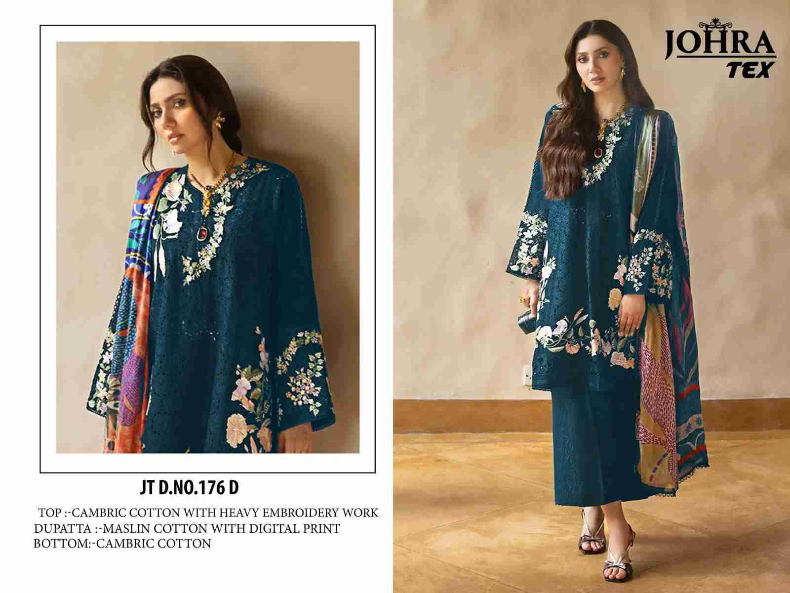 Johra Hit Design 176-D By Johra Tex Beautiful Pakistani Suits Colorful Stylish Fancy Casual Wear & Ethnic Wear Cambric Cotton Embroidered Dresses At Wholesale Price