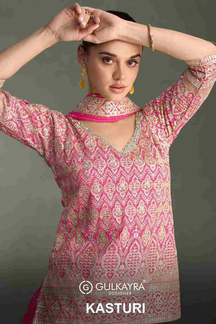 Kasturi By Gulkayra Designer 7550-A To 7550-C Series Designer Sharara Suits Beautiful Fancy Colorful Stylish Party Wear & Occasional Wear Simmer Silk Dresses At Wholesale Price