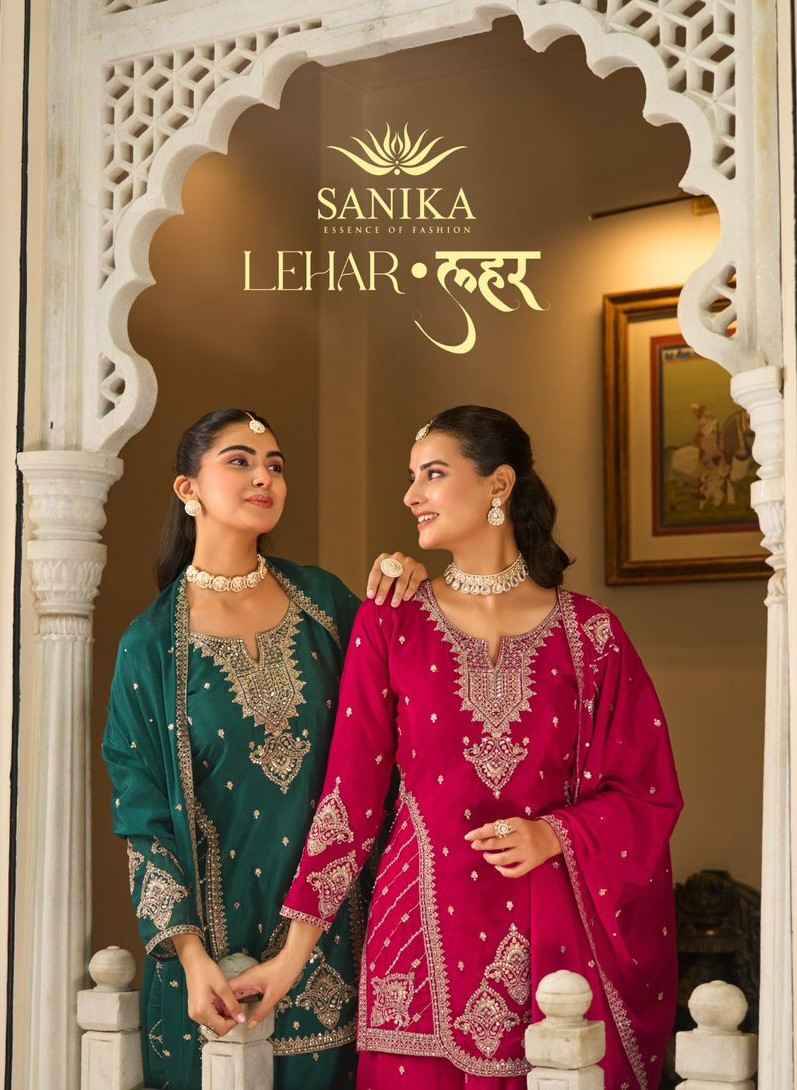 Lehar By Sanika 2201 To 2203 Series Beautiful Sharara Suits Stylish Fancy Colorful Party Wear & Occasional Wear Premium Chinnon Silk Dresses At Wholesale Price
