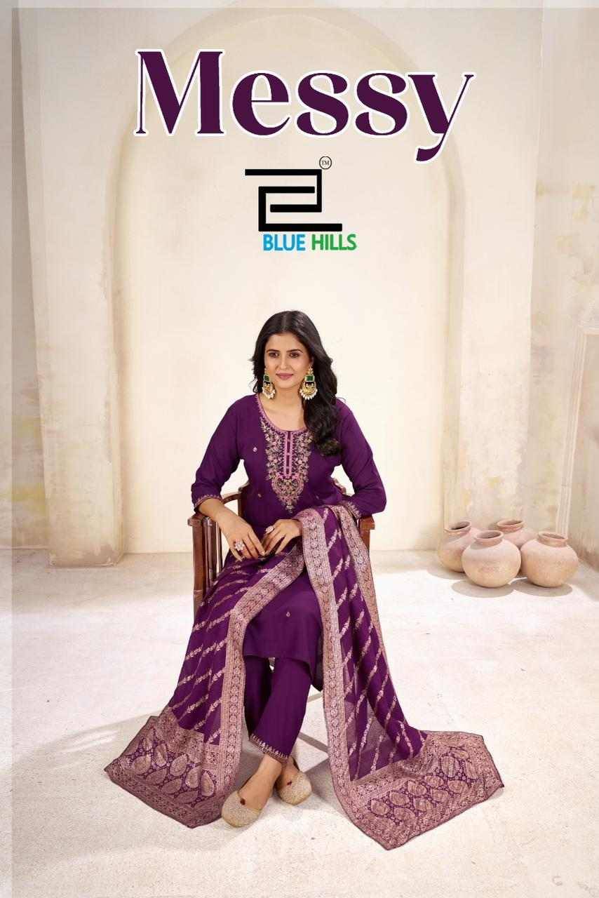 Messy By Blue Hills 1001 To 1006 Series Beautiful Festive Suits Colorful Stylish Fancy Casual Wear & Ethnic Wear Rayon Foil Dresses At Wholesale Price