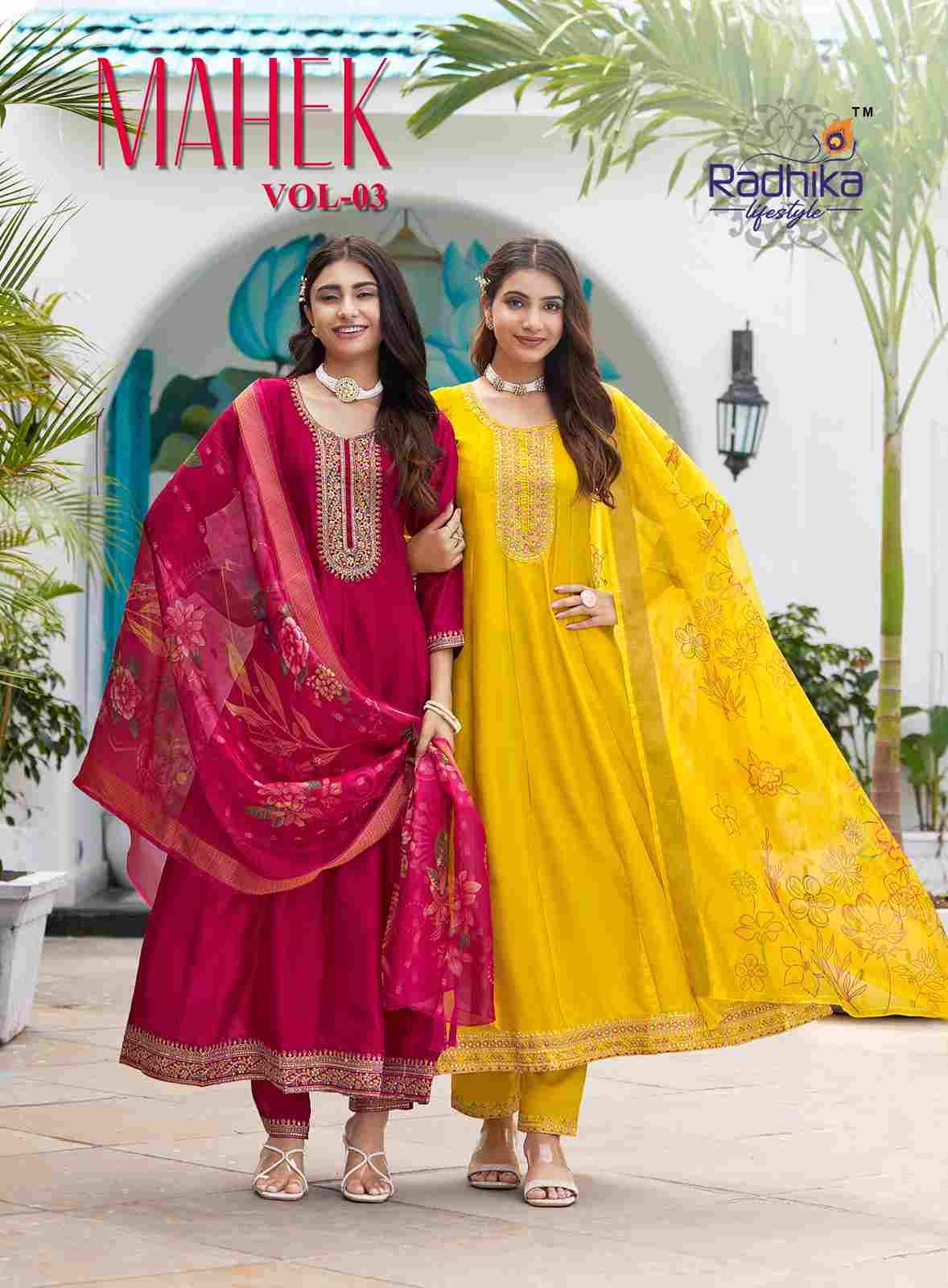 Mahek Vol-3 By Radhika Lifestyle 3001 To 3006 Series Designer Anarkali Suits Beautiful Stylish Fancy Colorful Party Wear & Occasional Wear Vichitra Silk Print Dresses At Wholesale Price