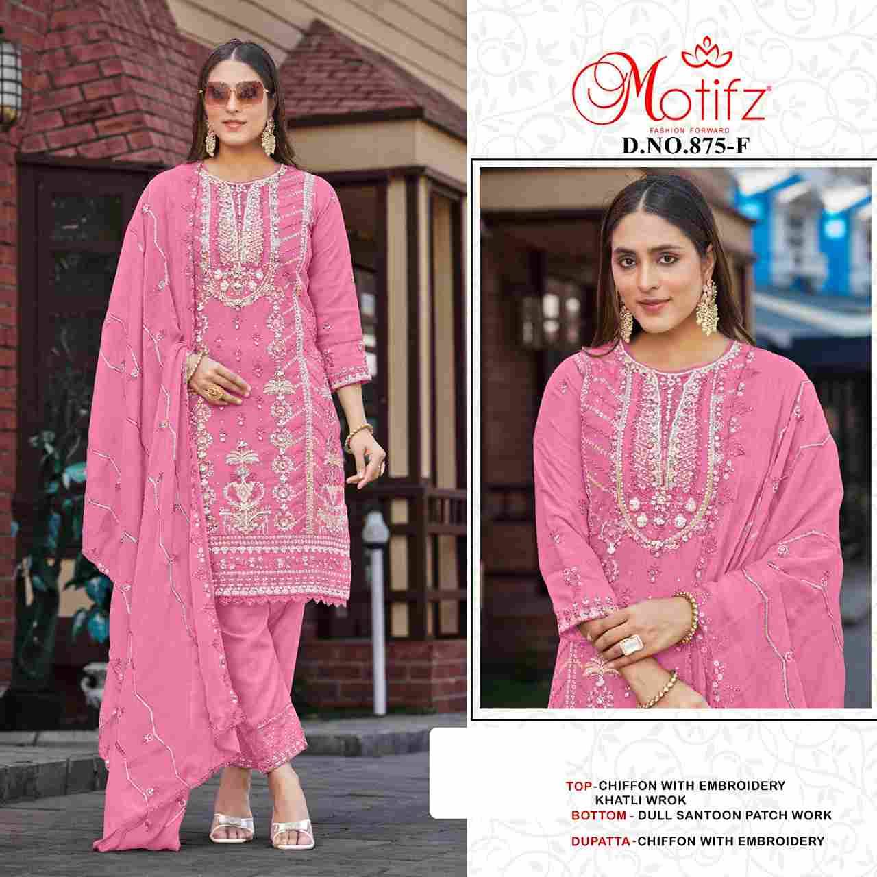 Motifz Hit Design 875 Colours Vol-2 By Motifz 875-E To 875-H Series Beautiful Pakistani Suits Colorful Stylish Fancy Casual Wear & Ethnic Wear Chiffon Embroidered Dresses At Wholesale Price