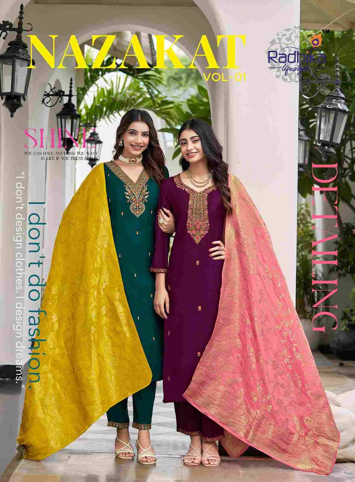 Nazakat Vol-1 By Radhika Lifestyle 1001 To 1006 Series Beautiful Stylish Festive Suits Fancy Colorful Casual Wear & Ethnic Wear & Ready To Wear Vertican Silk Dresses At Wholesale Price