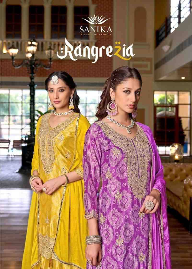 Rangrezia By Sanika 10028 To 10031 Series Beautiful Sharara Suits Stylish Fancy Colorful Party Wear & Occasional Wear Premium Chinnon Silk Dresses At Wholesale Price