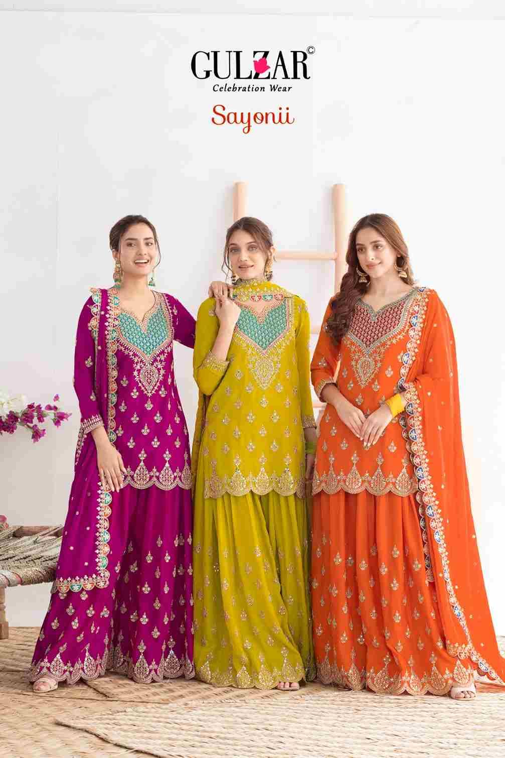Sayonii By Gulzar 1901 To 1903 Series Beautiful Sharara Suits Colorful Stylish Fancy Casual Wear & Ethnic Wear Chinnon Dresses At Wholesale Price