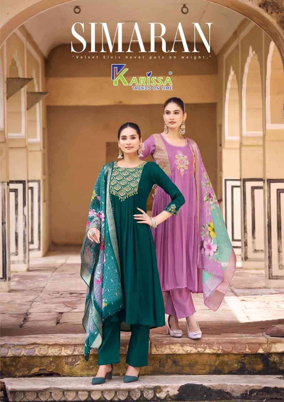 Simaran By Karissa 1001 To 1004 Series Designer Festive Suits Beautiful Fancy Stylish Colorful Party Wear & Occasional Wear Pure Viscose Chanderi Embroidered Dresses At Wholesale Price