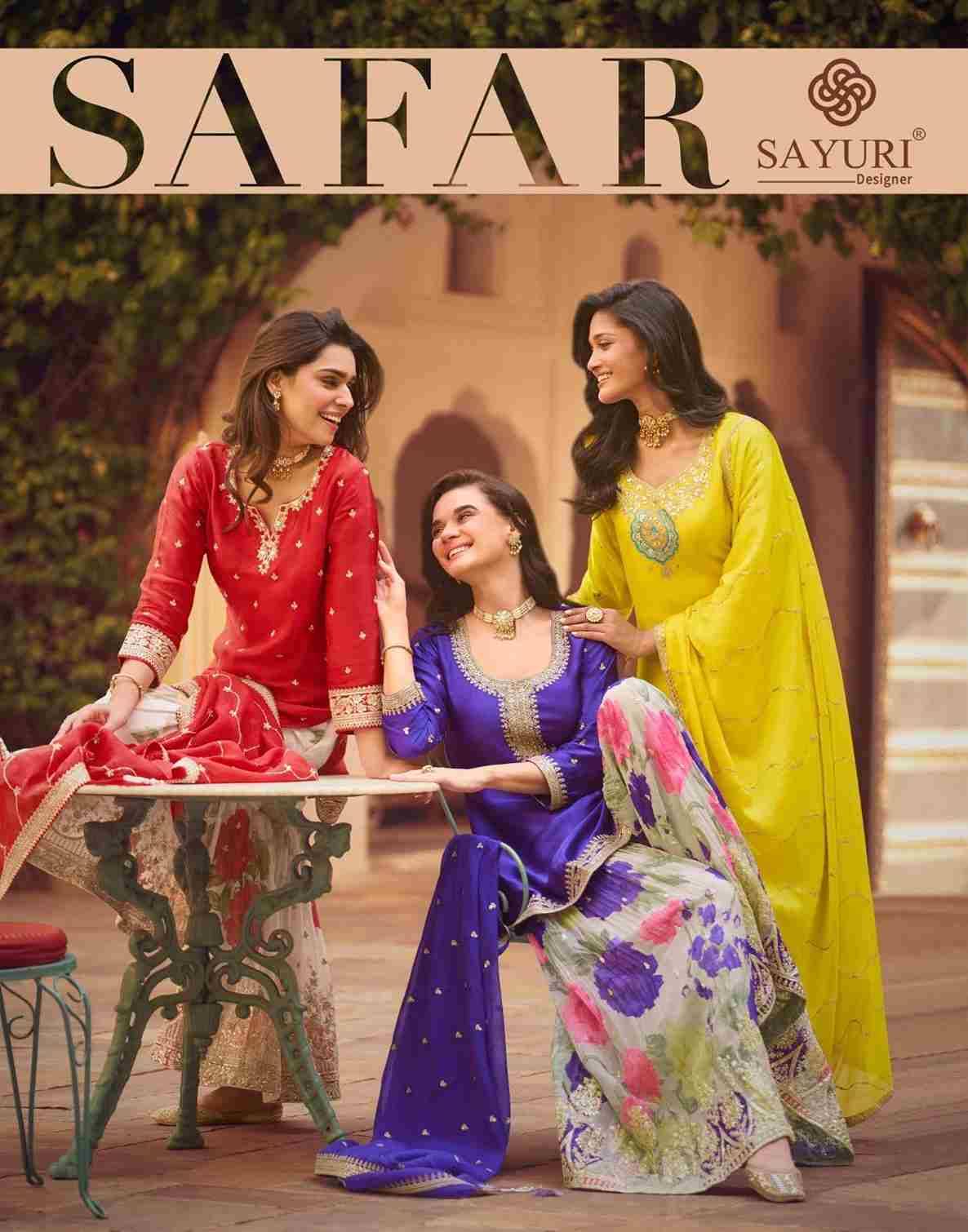 Safar By Sayuri 5744 To 5746 Series Designer Sharara Suits Beautiful Fancy Stylish Colorful Party Wear & Occasional Wear Premium Chinnon Silk Embroidered Dresses At Wholesale Price