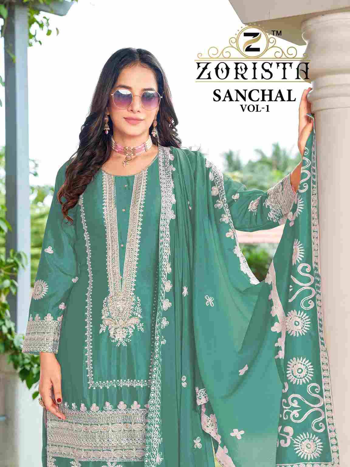 Sanchal Vol-1 By Zorista 10008-A To 10008-D Series Designer Pakistani Suits Beautiful Fancy Stylish Colorful Party Wear & Occasional Wear Chinnon With Embroidery Dresses At Wholesale Price
