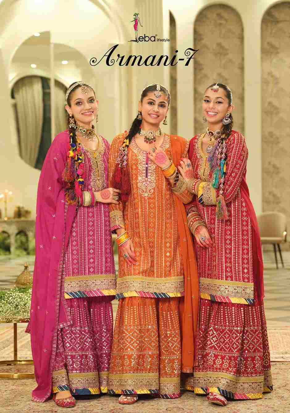 Armani Vol-7 By Eba Lifestyle 2121 To 2123 Series Designer Sharara Suits Collection Beautiful Stylish Fancy Colorful Party Wear & Occasional Wear Heavy Chinnon Dresses At Wholesale Price
