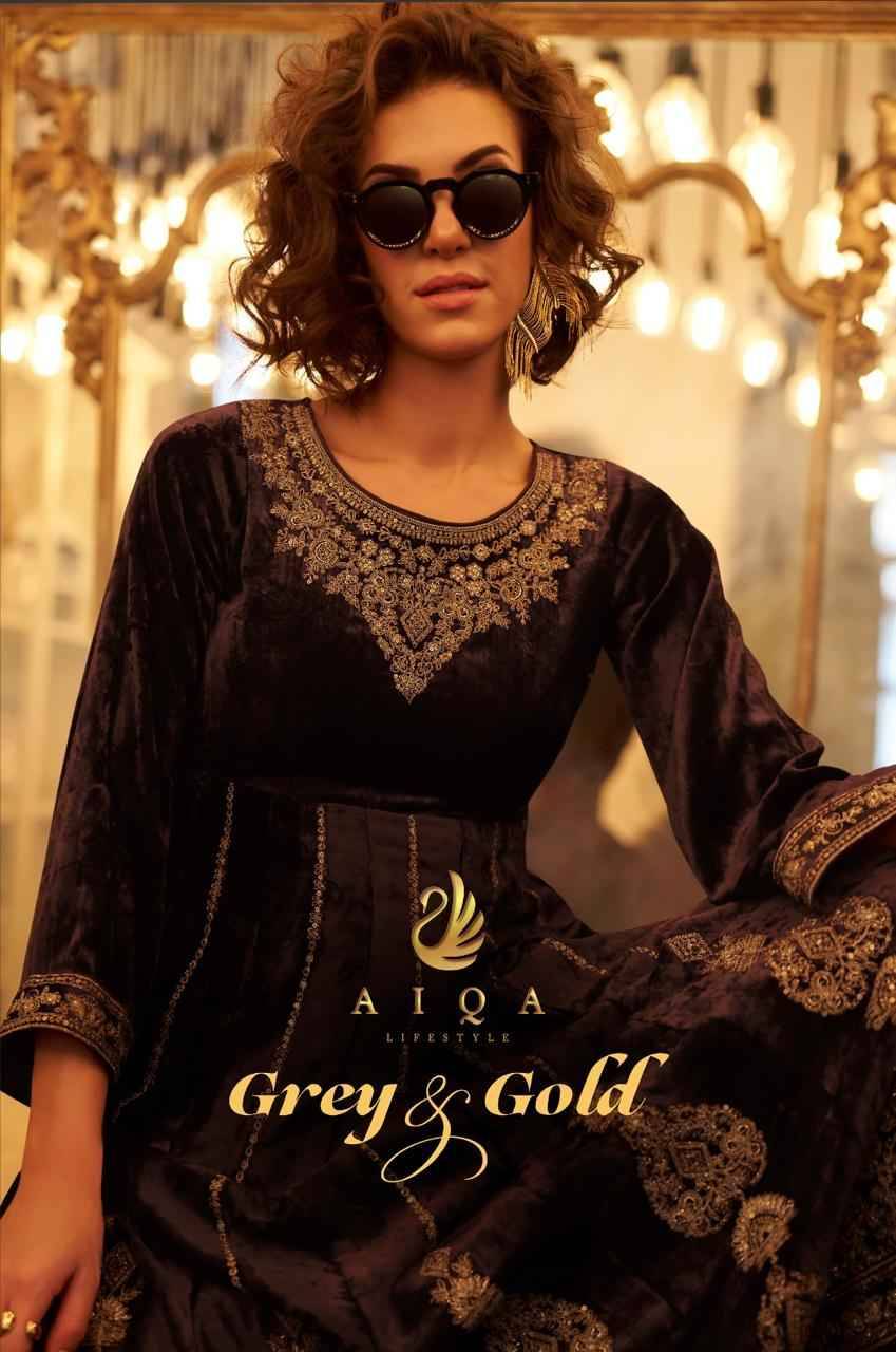 Grey And Gold By Aiqa 1701 To 1706 Series Beautiful Festive Suits Colorful Stylish Fancy Casual Wear & Ethnic Wear Pure Viscose Velvet Dresses At Wholesale Price