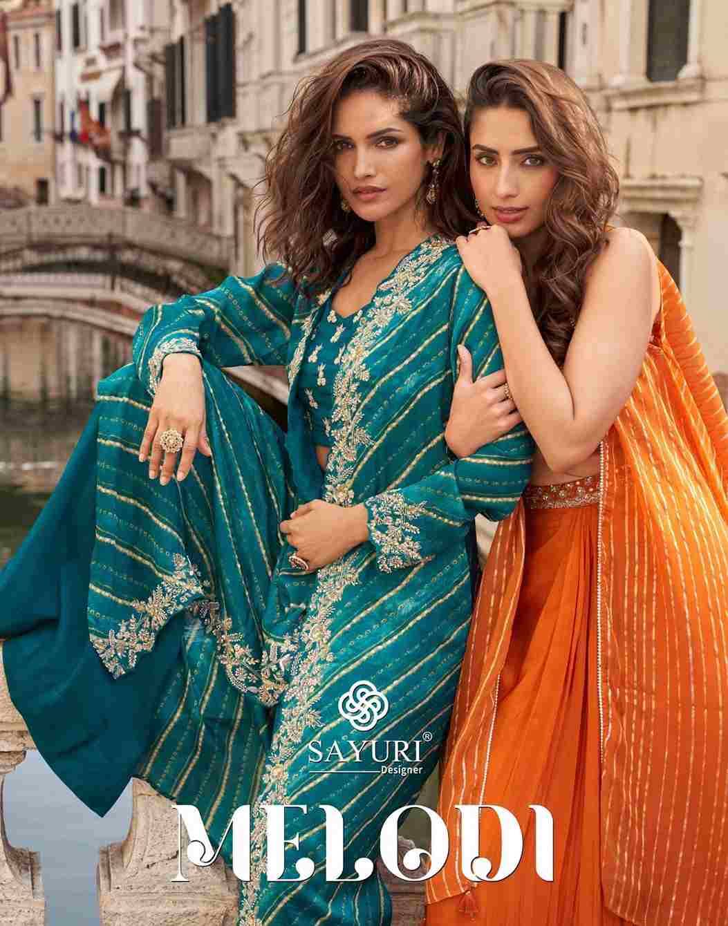 Melodi By Sayuri 10100 To 10104 Series Designer Beautiful Festive Collection Occasional Wear & Party Wear Chinnon Silk Crop Top With Bottom And Jacket At Wholesale Price