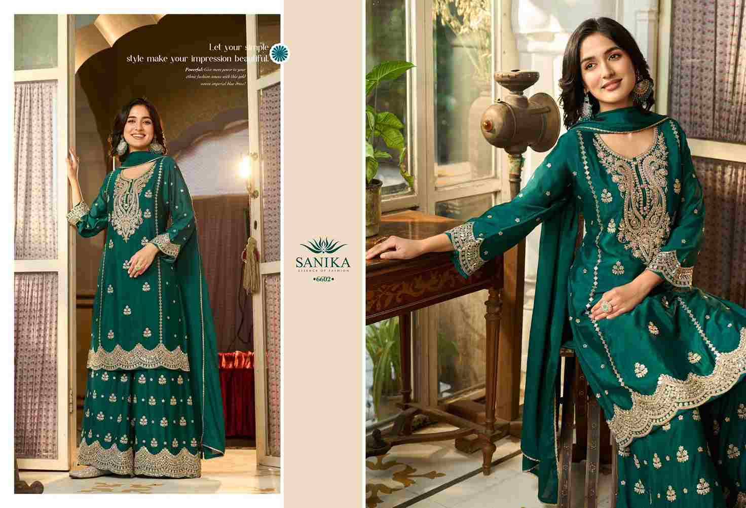 Monica By Sanika 6601 To 6604 Series Beautiful Sharara Suits Stylish Fancy Colorful Party Wear & Occasional Wear Premium Chinnon Silk Dresses At Wholesale Price