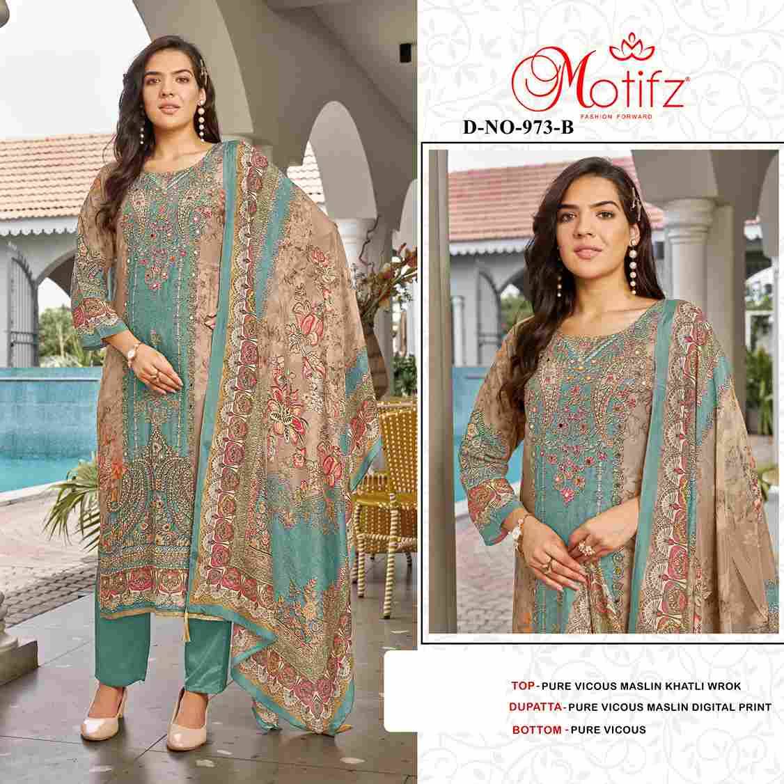 Motifz Hit Design 973 Colours By Motifz 973-A To 973-D Series Beautiful Pakistani Suits Colorful Stylish Fancy Casual Wear & Ethnic Wear Viscose Muslin Dresses At Wholesale Price