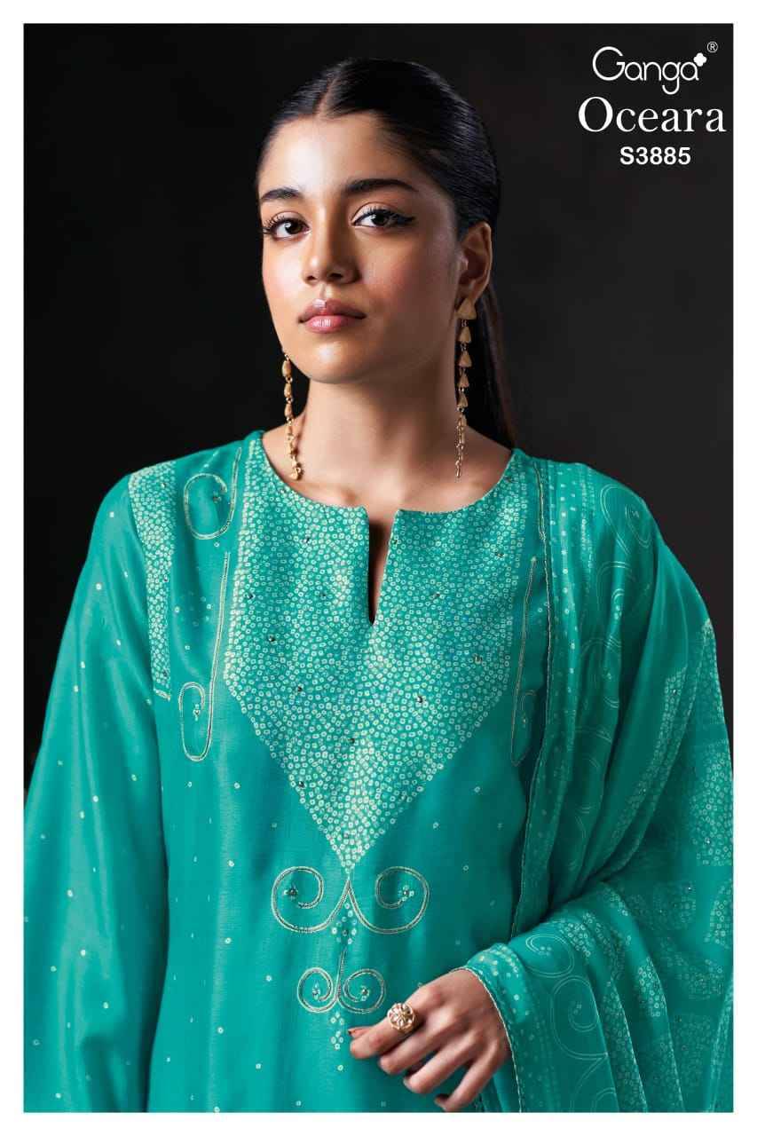 Oceara-3885 By Ganga Fashion 3885-A To 3885-C Series Beautiful Festive Suits Colorful Stylish Fancy Casual Wear & Ethnic Wear Pure Bemberg Silk Satin Dresses At Wholesale Price