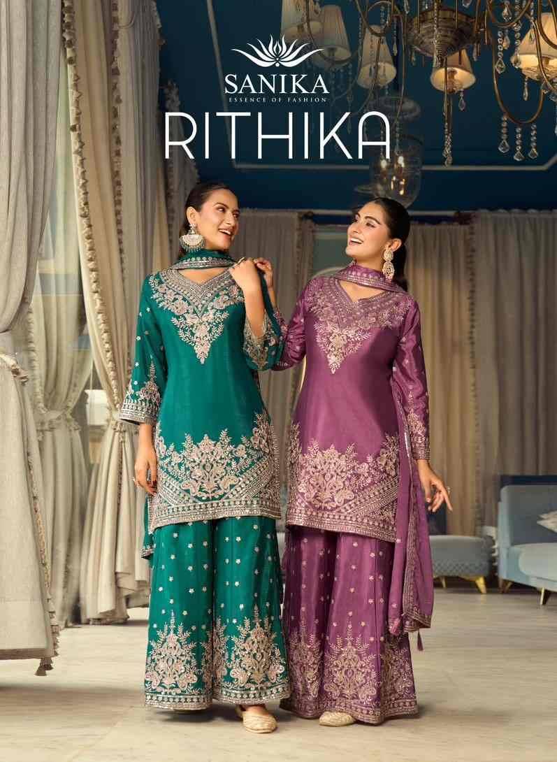 Rithika By Sanika 1201 To 1203 Series Beautiful Sharara Suits Stylish Fancy Colorful Party Wear & Occasional Wear Premium Chinnon Silk Dresses At Wholesale Price