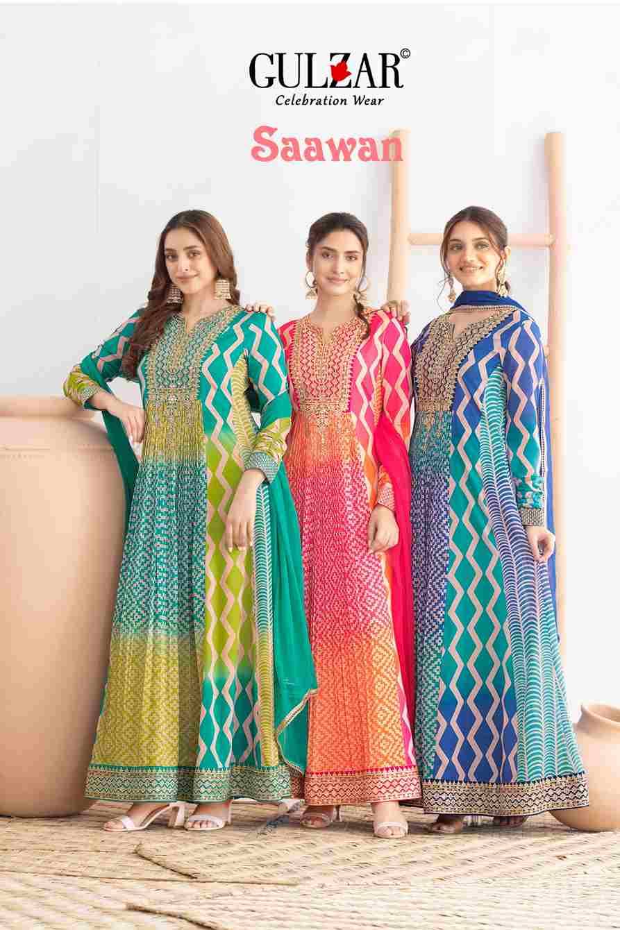 Saawan By Gulzar 3341 To 3343 Series Designer Stylish Fancy Colorful Beautiful Party Wear & Ethnic Wear Collection Premium Chinnon Gown With Bottom At Wholesale Price