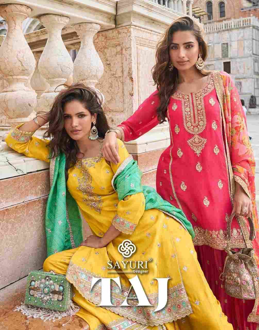 Taj By Sayuri 10032 To 10035 Series Beautiful Sharara Suits Colorful Stylish Fancy Casual Wear & Ethnic Wear Simar Silk With Work Dresses At Wholesale Price