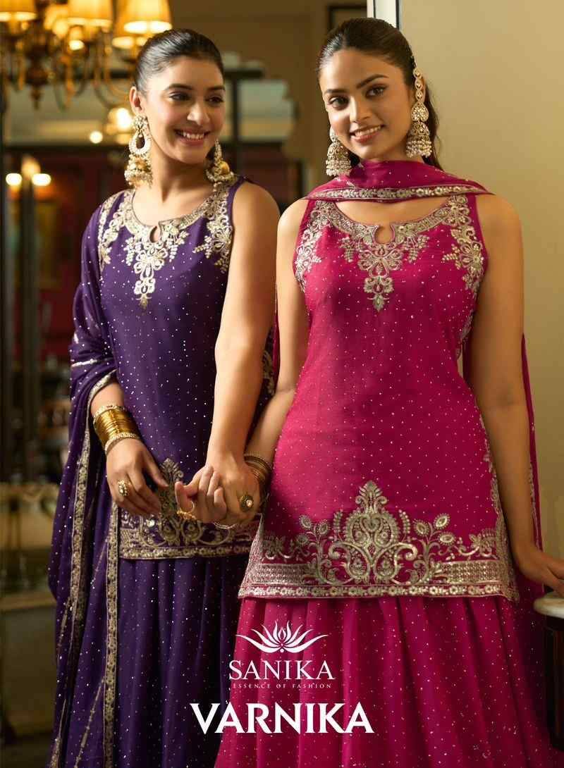 Varnika By Sanika 1001 To 1004 Series Beautiful Sharara Suits Stylish Fancy Colorful Party Wear & Occasional Wear Premium Georgette Silk Dresses At Wholesale Price
