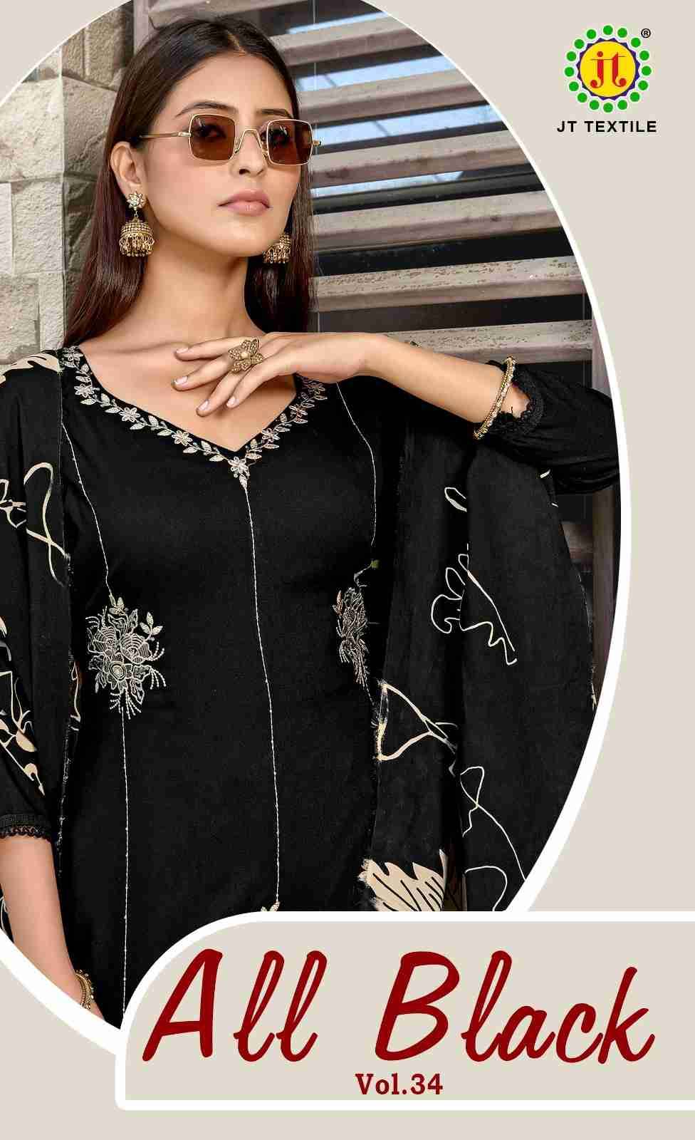 All Black Vol-34 By JT 34001 To 34005 Series Beautiful Festive Suits Colorful Stylish Fancy Casual Wear & Ethnic Wear Rayon Dresses At Wholesale Price