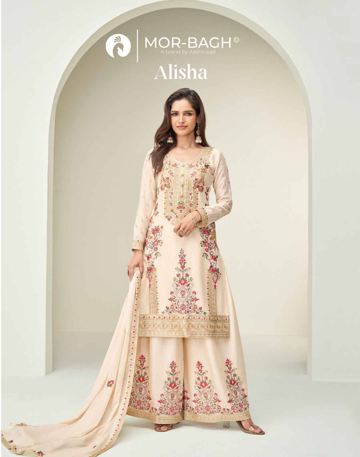 Alisha By Mor-Bagh 10385 To 10386 Series Beautiful Sharara Suits Colorful Stylish Fancy Casual Wear & Ethnic Wear Chinnon Silk With Work Dresses At Wholesale Price