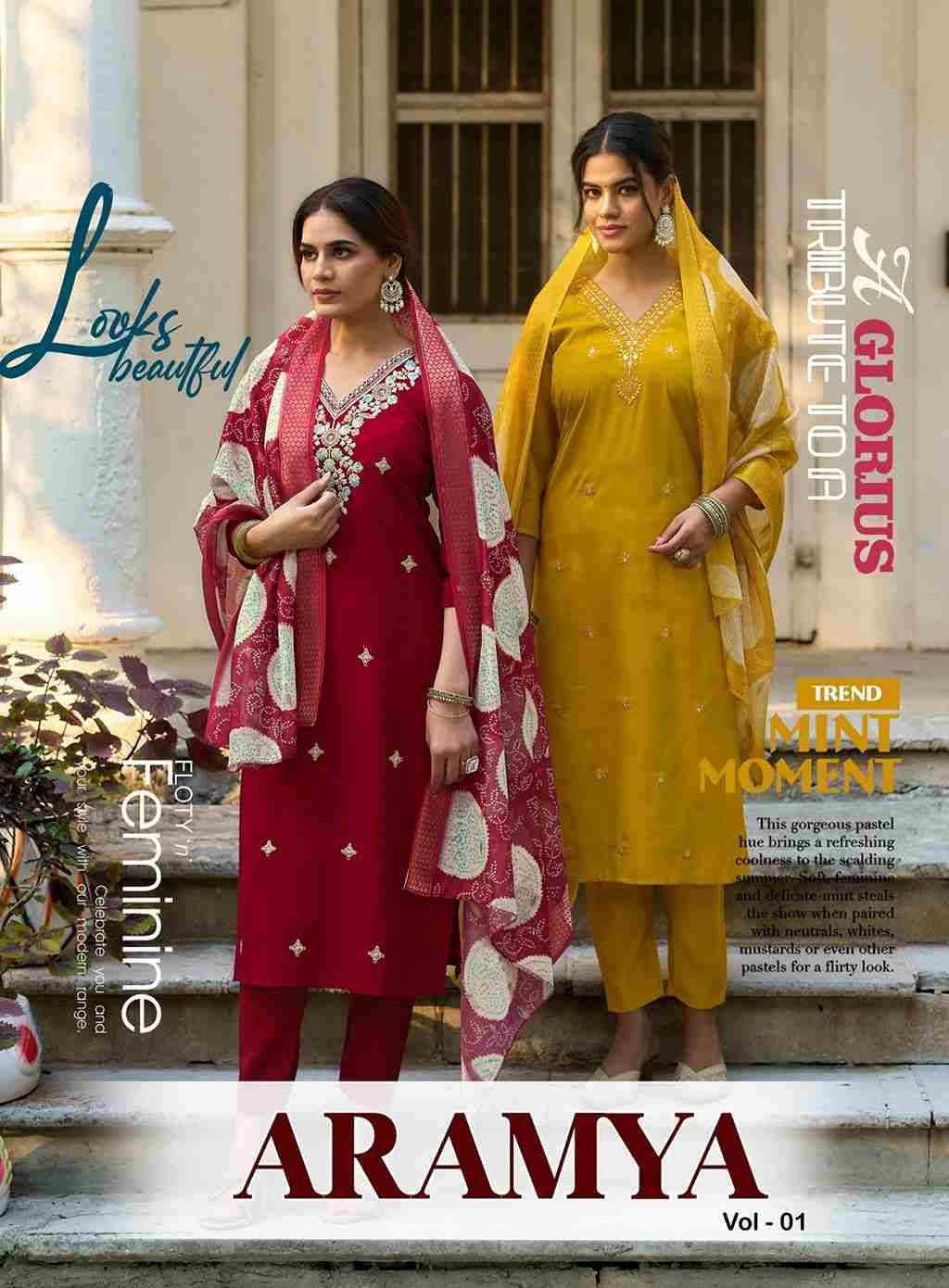Aramya Vol-1 By Diya Trends 1001 To 1008 Series Designer Festive Suits Collection Beautiful Stylish Fancy Colorful Party Wear & Occasional Wear Roman Silk Dresses At Wholesale Price