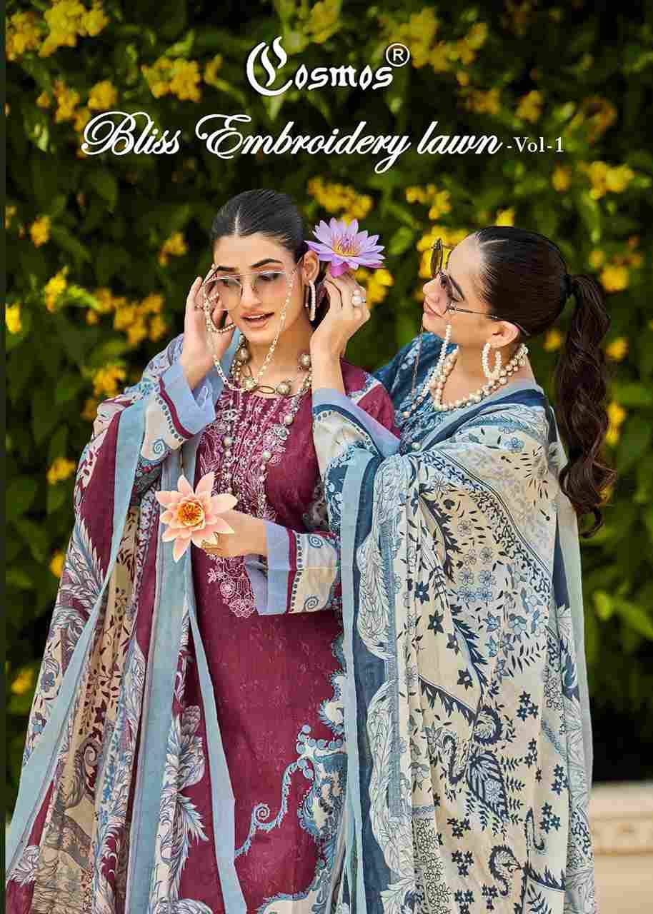 Bliss Embroidery Lawn Vol-1 By Cosmos 1001 To 1008 Series Beautiful Pakistani Suits Colorful Stylish Fancy Casual Wear & Ethnic Wear Lawn Cotton Embroidered Dresses At Wholesale Price
