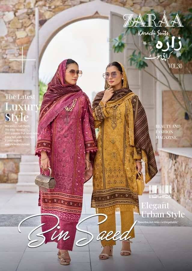 Bin Saeed Vol-30 By Zaraa 30001 To 30008 Series Beautiful Stylish Festive Suits Fancy Colorful Casual Wear & Ethnic Wear & Ready To Wear Pure Cotton Dresses At Wholesale Price