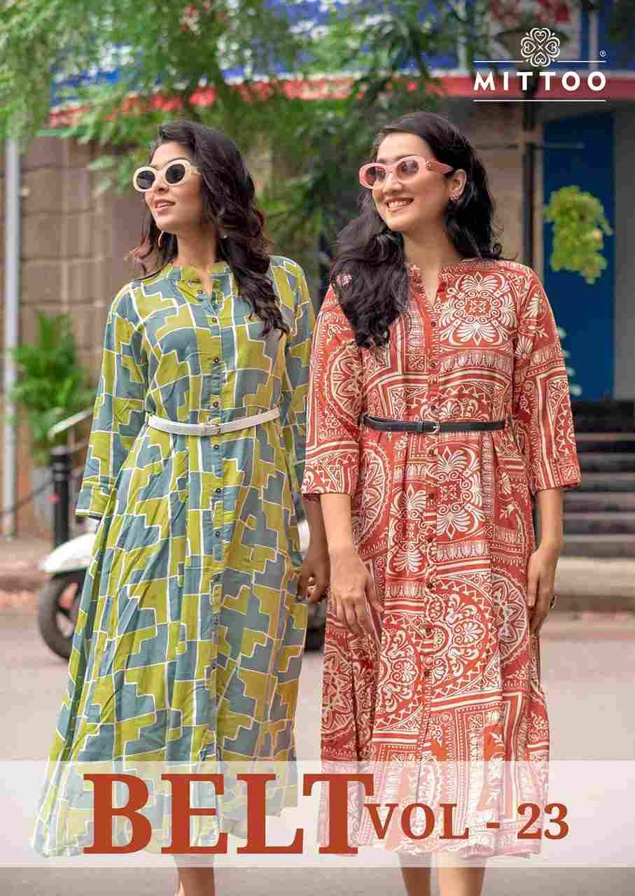 Belt Vol-23 By Mittoo 1455 To 1460 Series Designer Stylish Fancy Colorful Beautiful Party Wear & Ethnic Wear Collection Rayon Print Kurtis At Wholesale Price