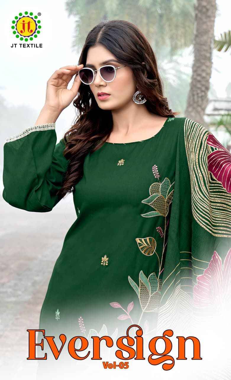 Eversign Vol-5 By JT 5001 To 5005 Series Beautiful Festive Suits Colorful Stylish Fancy Casual Wear & Ethnic Wear Rayon Dresses At Wholesale Price