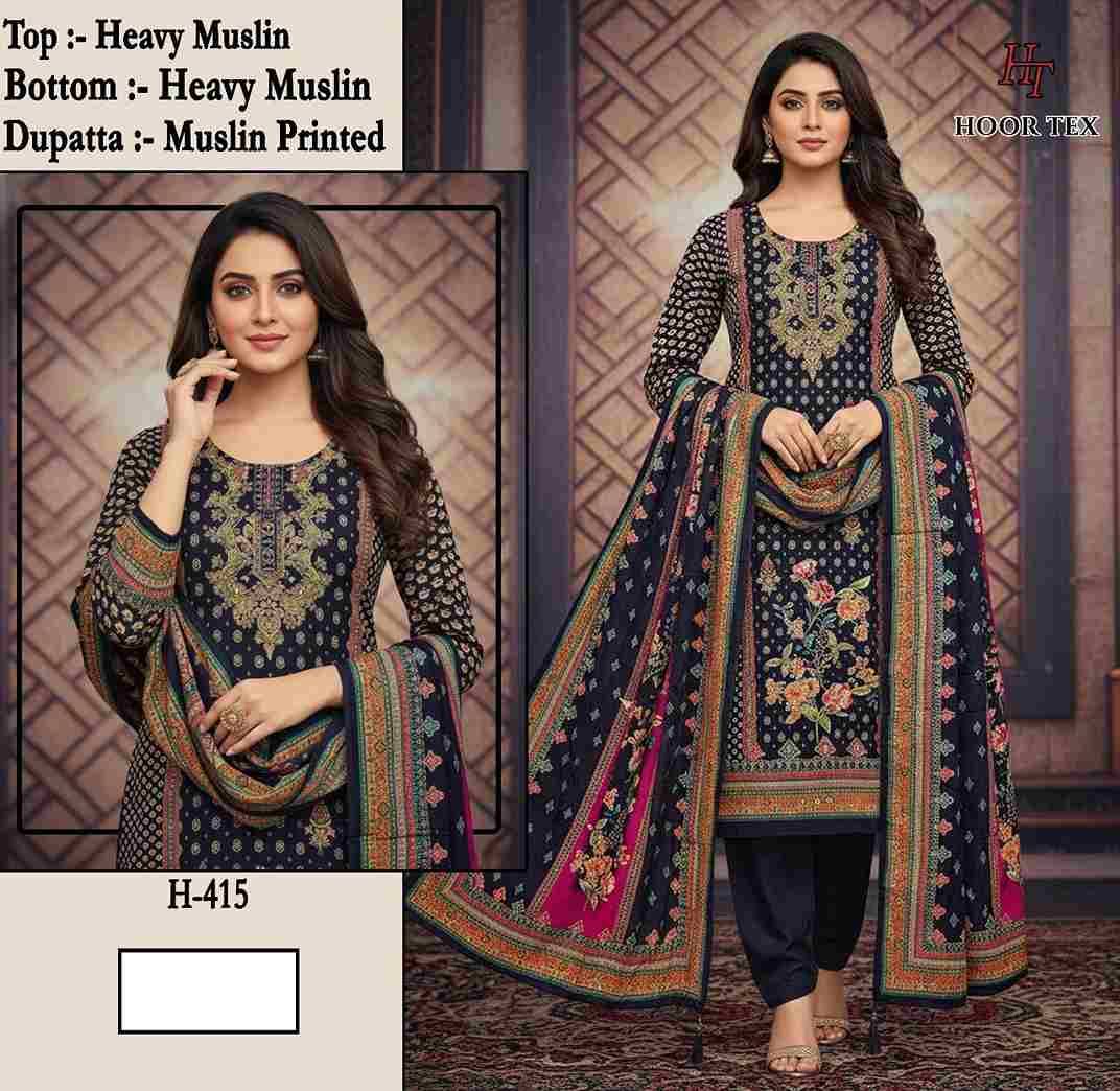 Hoor Tex Hit Design H-414 Series By Hoor Tex H-414 To H-416 Series Designer Pakistani Suits Collection Beautiful Stylish Fancy Colorful Party Wear & Occasional Wear Heavy Muslin With Embroidered Dresses At Wholesale Price