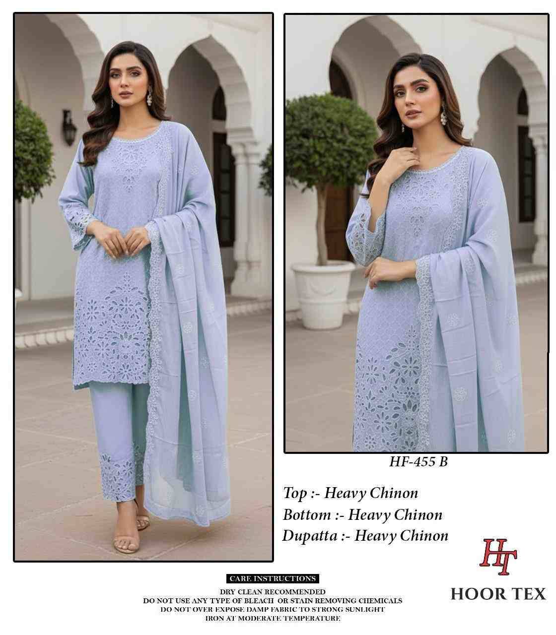 Hoor Tex Hit Design HF-455 Colours By Hoor Tex HF-455-A To HF-455-D Series Designer Festive Pakistani Suits Collection Beautiful Stylish Fancy Colorful Party Wear & Occasional Wear Heavy Chinnon With Embroidered Dresses At Wholesale Price