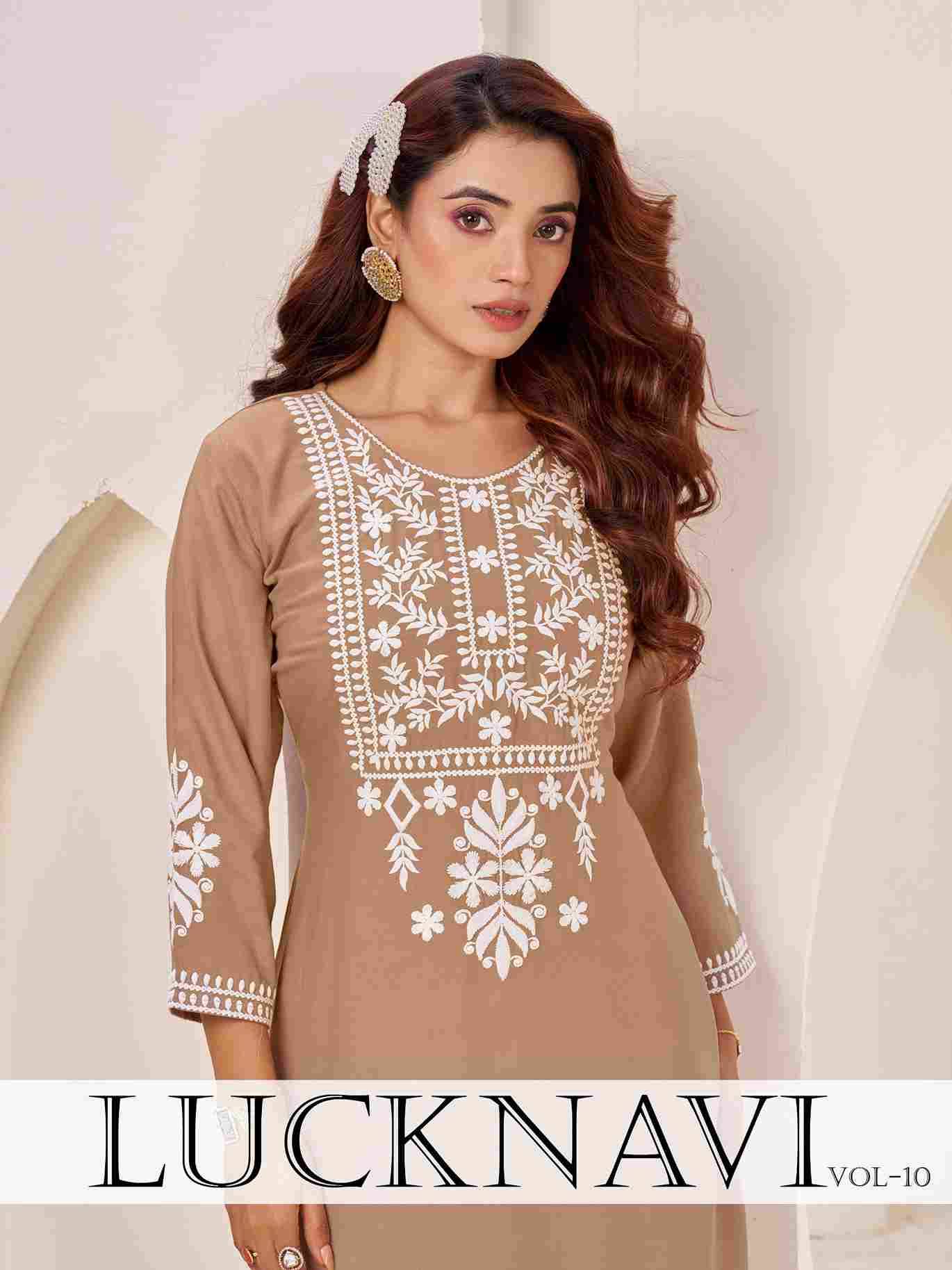 Lucknavi Vol-10 By Blue Hills 1001 To 1004 Series Designer Collection Beautiful Stylish Fancy Colorful Party Wear & Occasional Wear Rayon Print Kurtis With Bottom At Wholesale Price