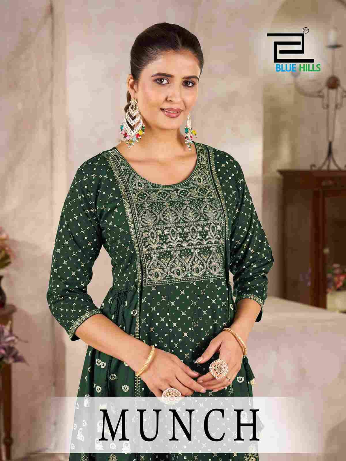 Munch By Blue Hills 1001 To 1004 Series Designer Stylish Fancy Colorful Beautiful Party Wear & Ethnic Wear Collection Rayon Foil Kurtis At Wholesale Price