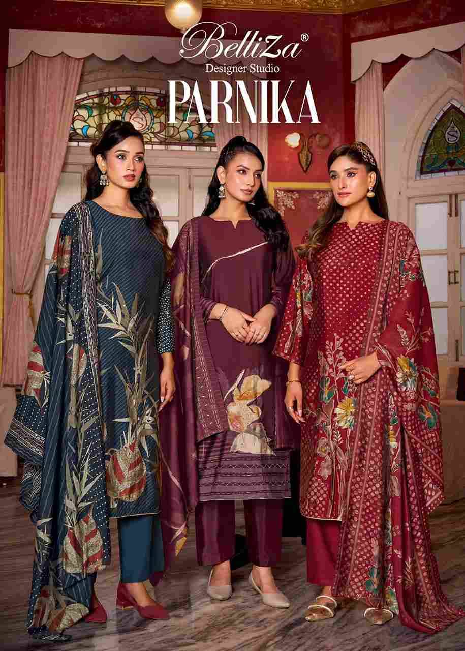 Parnika By Belliza 911-001 To 911-006 Series Beautiful Festive Suits Colorful Stylish Fancy Casual Wear & Ethnic Wear Pure Viscose Muslin Print With Embroidered Dresses At Wholesale Price