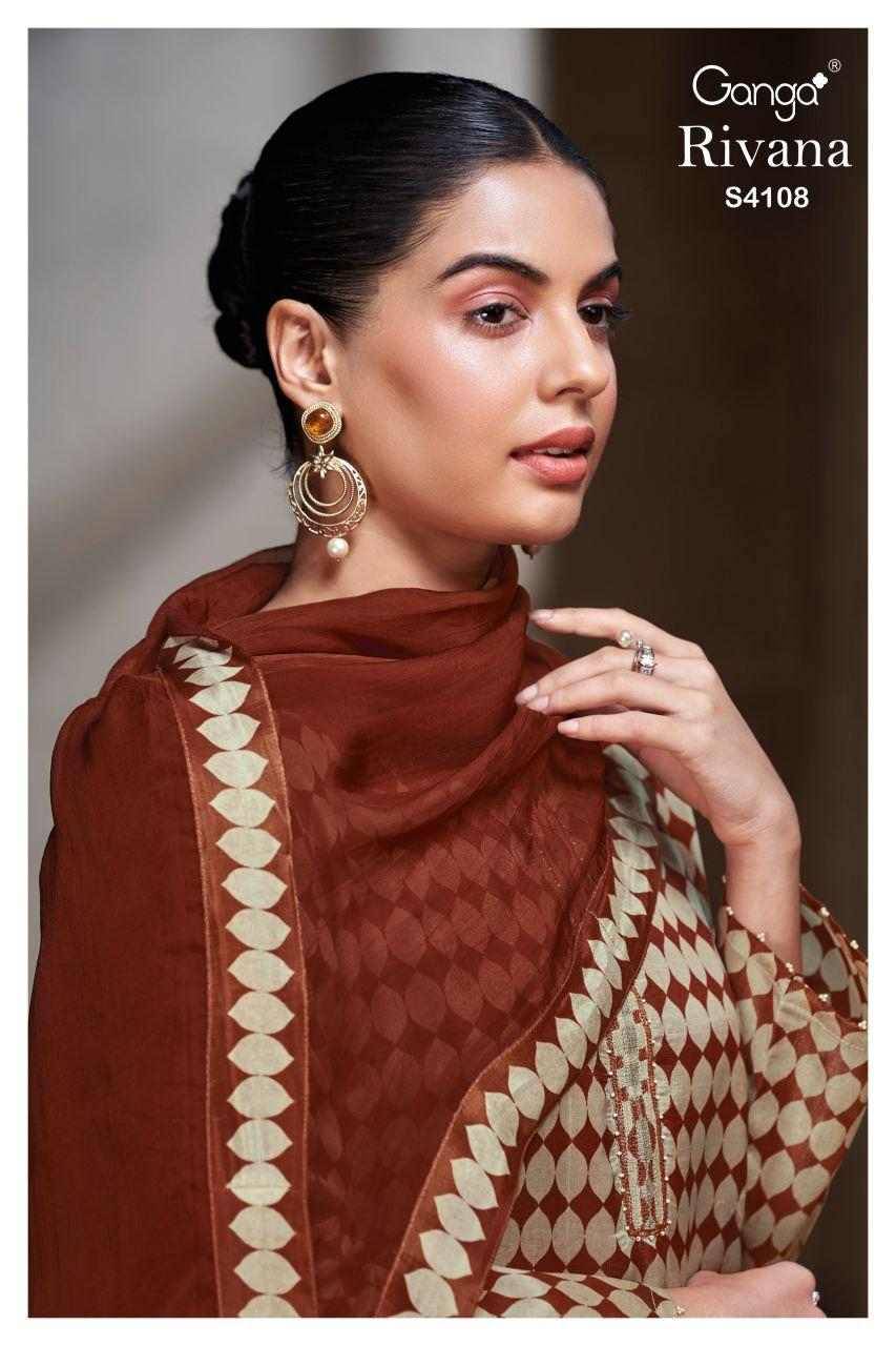 Rivana-4108 By Ganga Fashion 4108-A To 4108-C Series Beautiful Festive Suits Stylish Colorful Fancy Casual Wear & Ethnic Wear Pure Bemberg Silk Jacquard Print Dresses At Wholesale Price