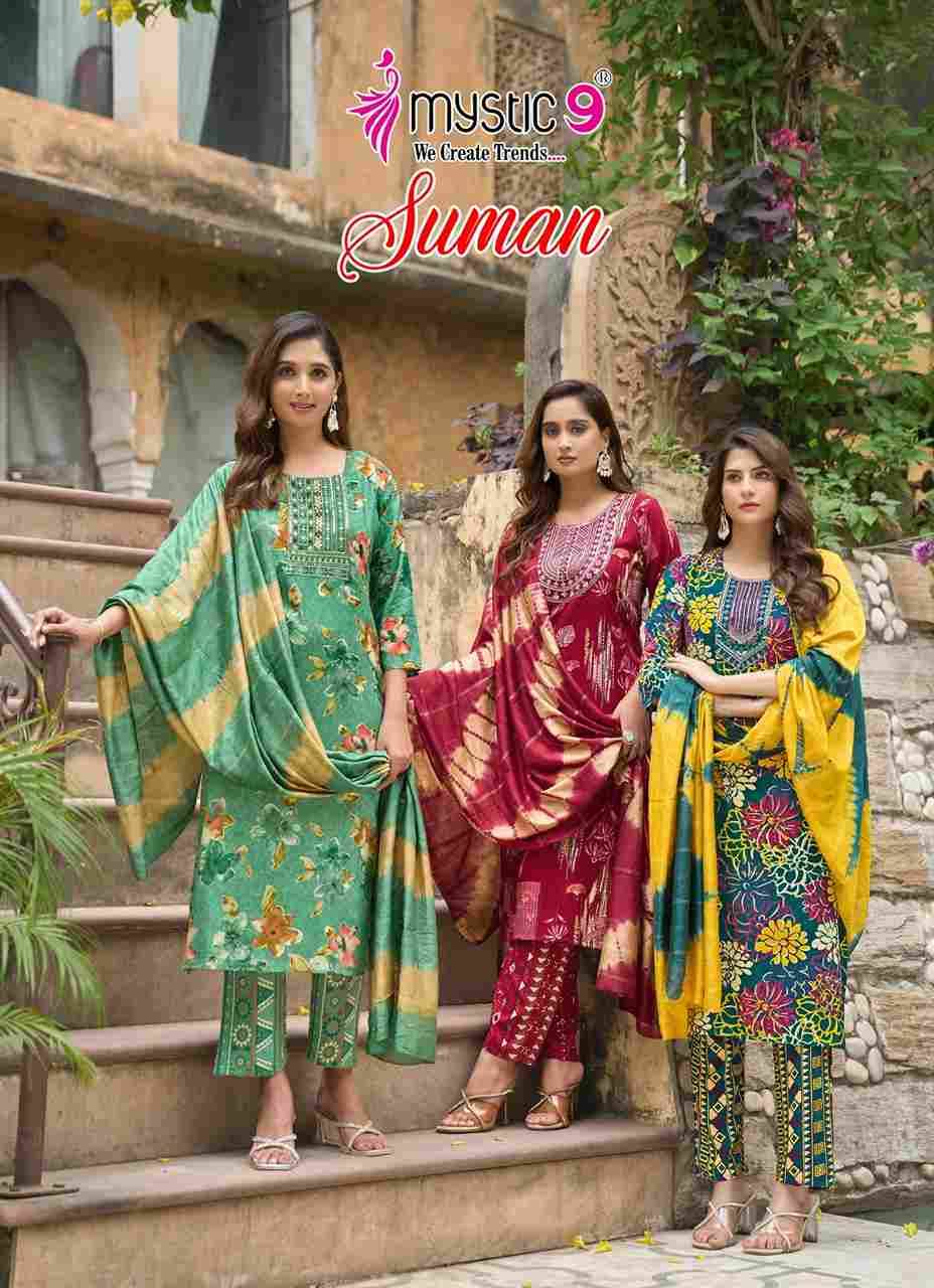 Suman Vol-4 By Mystic 9 4001 To 4008 Series Beautiful Suits Colorful Stylish Fancy Casual Wear & Ethnic Wear Rayon print Dresses At Wholesale Price