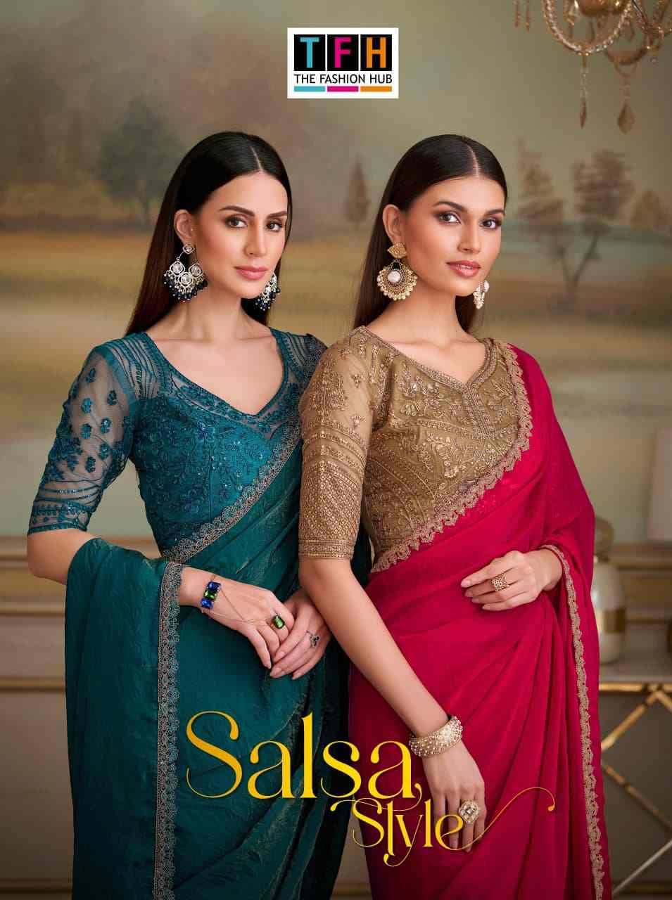 Salsa Style Vol-5 By TFH 8101 To 8116 Series Indian Traditional Wear Collection Beautiful Stylish Fancy Colorful Party Wear & Occasional Wear Georgette/Satin Sarees At Wholesale Price